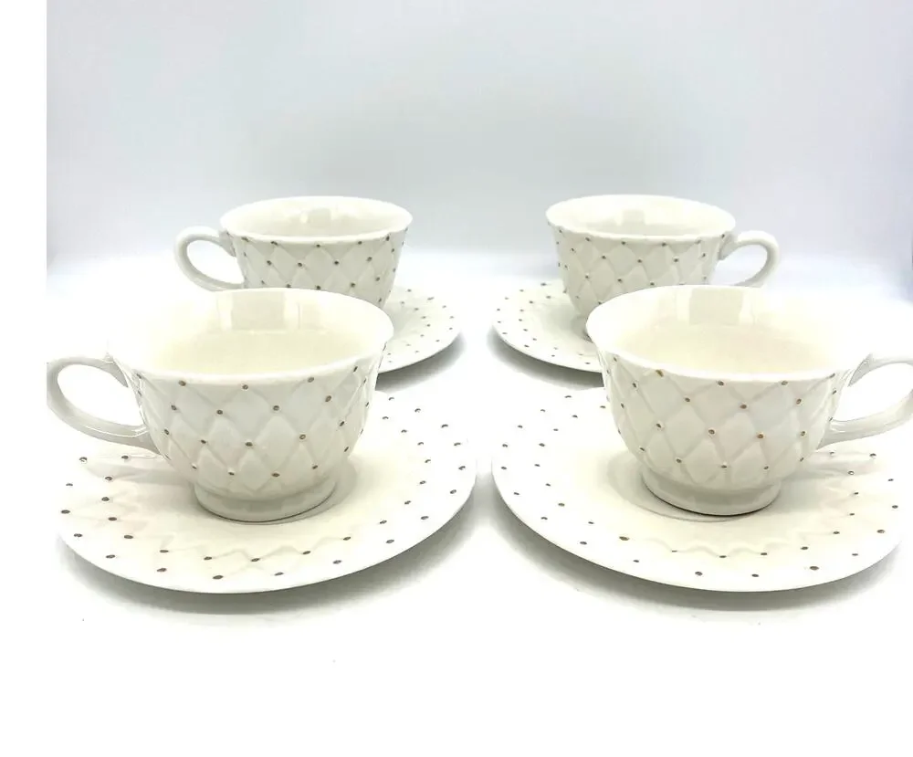 Tabletops Unlimited Embossed Golden Quilt with Gold Dots Set of 4 Cups & Saucers